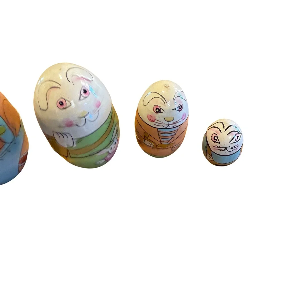 Vintage Wooden Bunny Nesting Dolls Set 5 Piece Easter Rabbit Egg READMulticolor